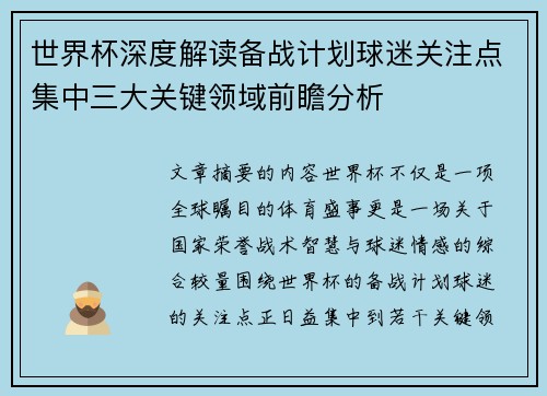 世界杯深度解读备战计划球迷关注点集中三大关键领域前瞻分析
